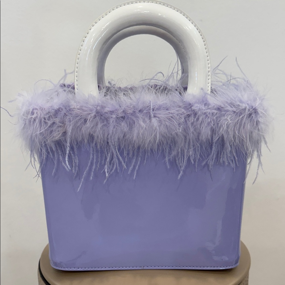 STAUD Lavender Ostrich Feather Patent Leather Mini Tote Bag NEW
